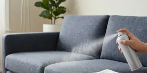 Applying the best fabric protection for furniture on a sofa.